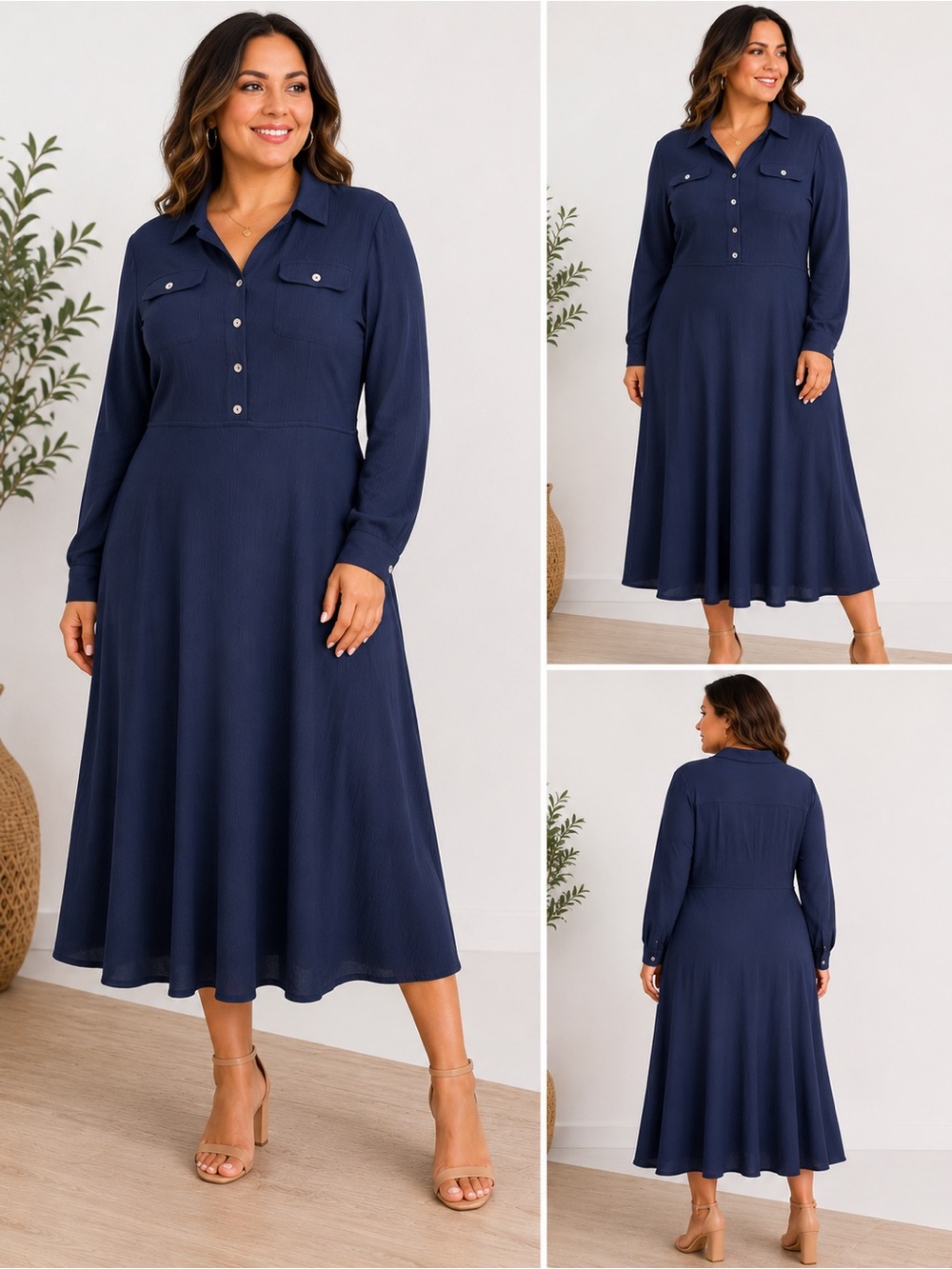 Soft‎ Surroundings Savanna Navy Button-Front Long Sleeve Midi Dress S